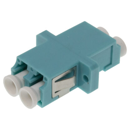 Adapter LC to LC Duplex Multi-Mode, Plastic Body with Flange, 10GIG OM3/OM4, Aqua Blue, SC Foot Print, Fiber Optic Adapter.