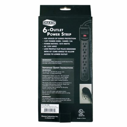 6 AC Outlet Flat Plug Power Strip, Surge Protected, 12 Foot Cord, Black - Image 4