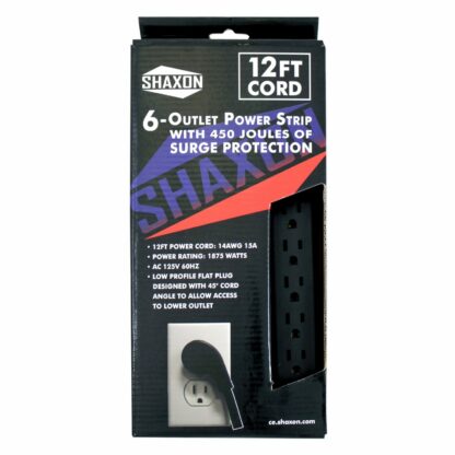 6 AC Outlet Flat Plug Power Strip, Surge Protected, 12 Foot Cord, Black - Image 3
