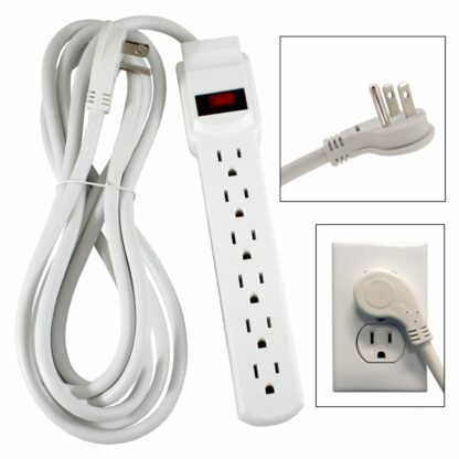 6 AC Outlet Flat Plug Power Strip, Surge Protected, 12 Foot Cord, White - Image 2