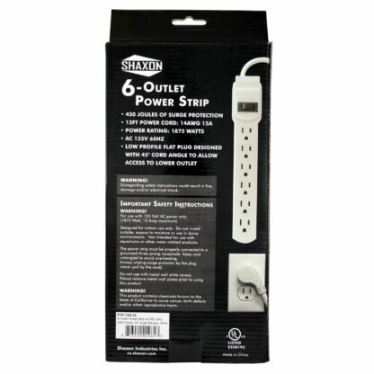 6 AC Outlet Flat Plug Power Strip, Surge Protected, 12 Foot Cord, White - Image 3