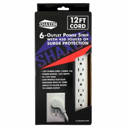 6 AC Outlet Flat Plug Power Strip, Surge Protected, 12 Foot Cord, White - Image 4