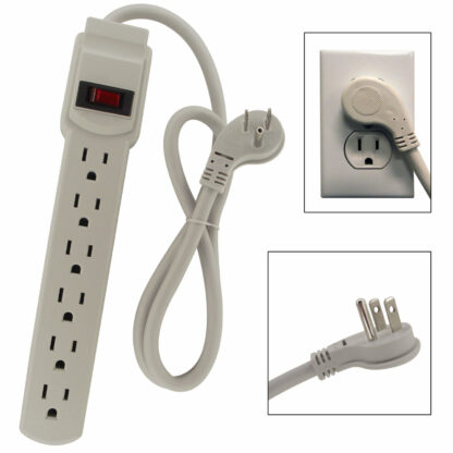 Power Strip with 6 AC Outlet, 3 Foot Cord and 45-Degree Angle Flat Plug